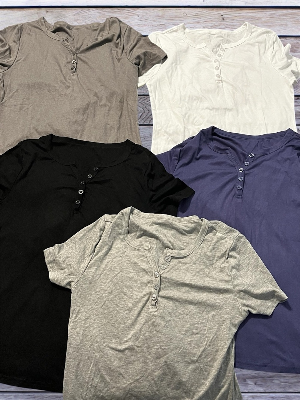 NEW Women's Henley Tee Bundle - Black, White, Gray, Taupe, Deep Blue M